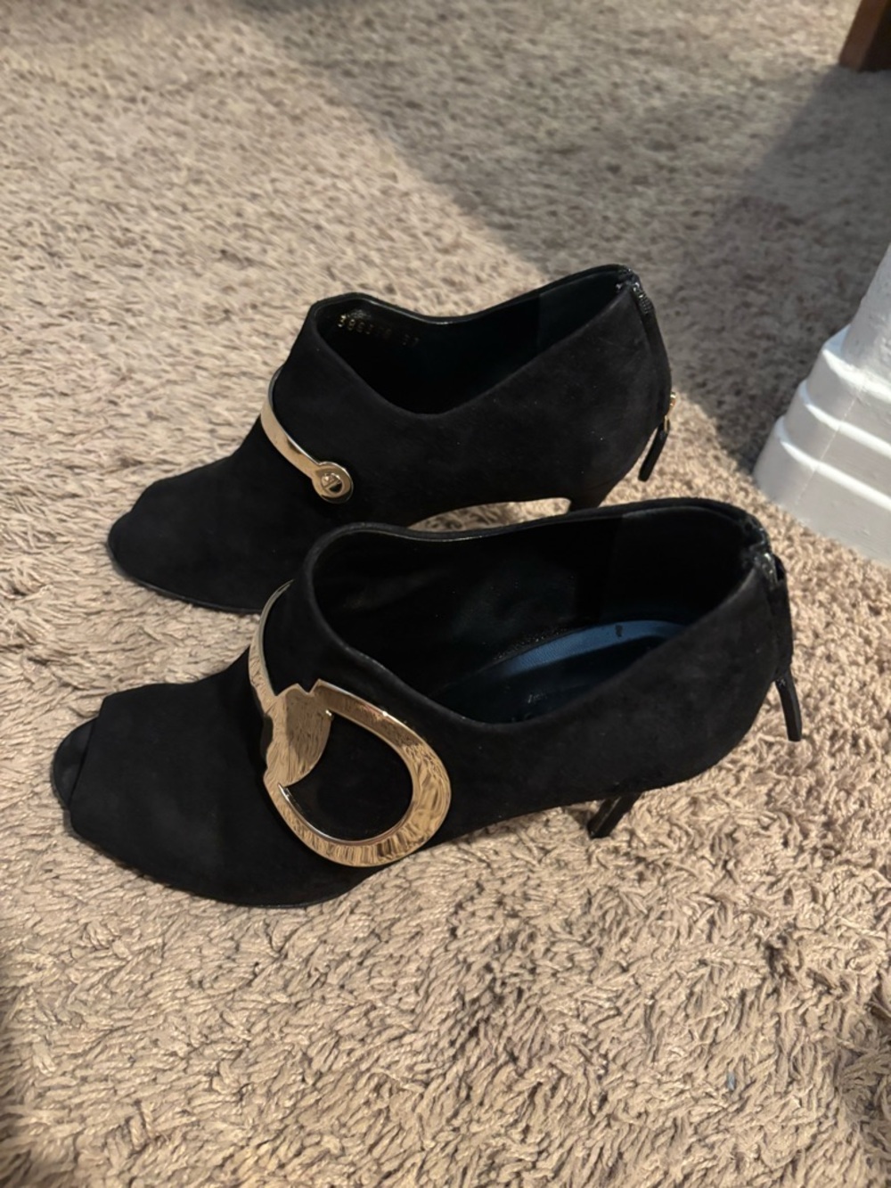 Women’s Black Suede Peep-Toe Heels with Gold Accent - Picture 6 of 8